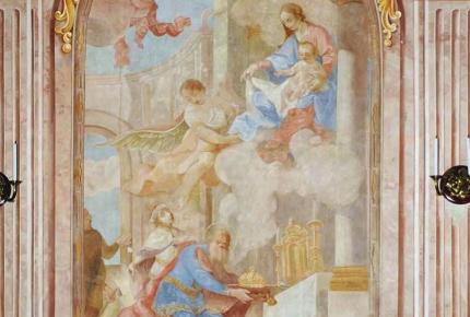 Johann Ignaz Cimbal: Szent István felajánlja a koronát Máriának, a zalaegerszegi Mária Magdolna plébániatemplom oltárképe, 1769.