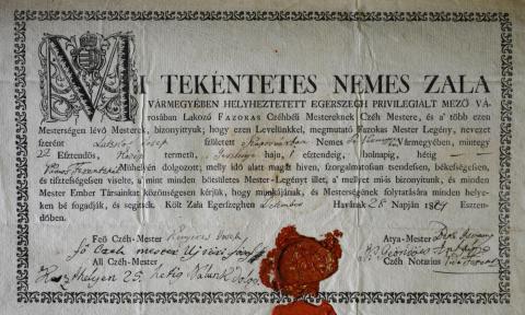 Az egerszegi fazekas céh szabaduló levele Latskai József részére, 1824.