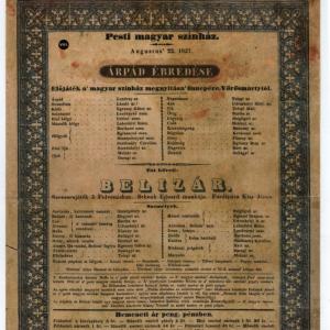 A Nemzeti Színház nyitóelőadásának színlapja 1837-ból. Egy ilyen színlappal ajándékozta meg Egressyt Szabó Samu. (forrás: Szent Imre Antikvárium)