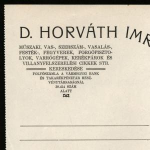D Horváth Imre vaskereskedő fejléces levelezőpapírja az 1930-as években, az ő telefonszáma az 54-es volt. 