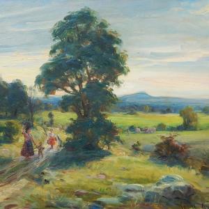 Tájkép sétáló családdal, olaj, farost, 49x57,5 cm