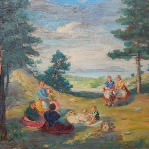 Pihenő társaság a Balaton partján, olaj, vászon, 46x55 cm