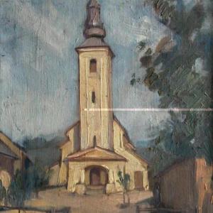 Egytornyú templom, 1937, olaj, vászon, 48x35 cm
