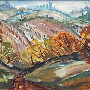 Göcseji dombok ősszel, 1979, farost, olaj, 39x59 cm