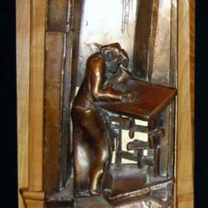 Krónikás, 2004, bronz, fa, 56x22 cm
