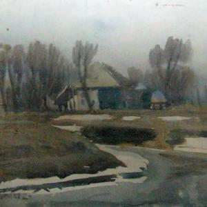 Táj tanyával, 1930 k, akvarell, papír, 30x45 cm