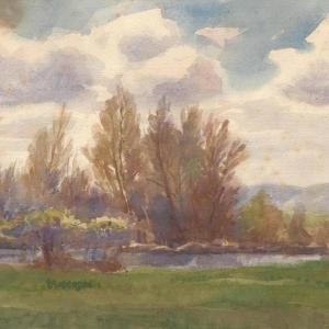 Tavaszi táj, 1930 k, akvarell, papír, 21x30 cm