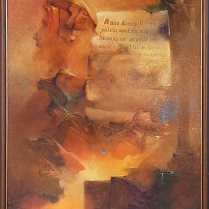 Tűzre vetett história,1998, olaj, farost, 70x50 cm