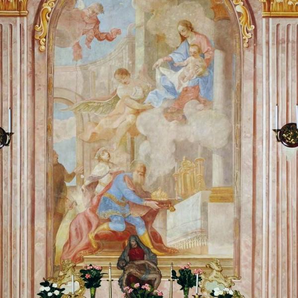 Johann Ignaz Cimbal: Szent István felajánlja a koronát Máriának, a zalaegerszegi Mária Magdolna plébániatemplom oltárképe, 1769.