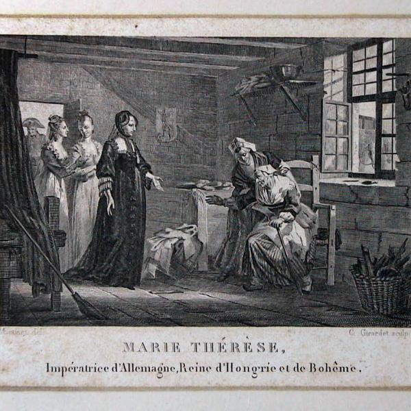 Martinet rajza után Charles Samuel Girardet (1780-1863): Mária Terézia beteget látogat, papír, acélmetszet, 115x140 mm, 1830. körül, ltsz: K.1975.1.90.