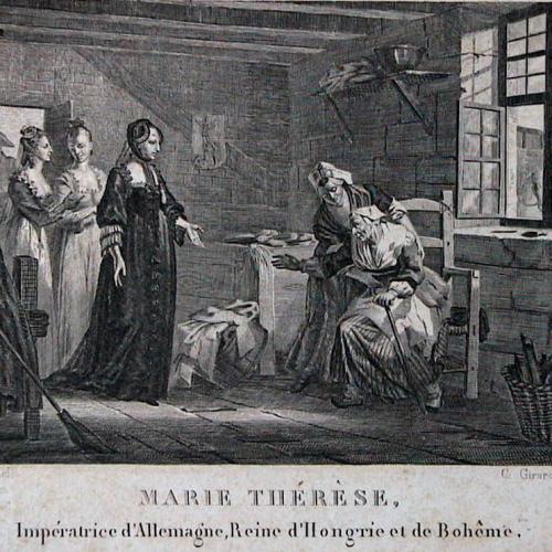 Martinet rajza után Charles Samuel Girardet (1780-1863): Mária Terézia beteget látogat, papír, acélmetszet, 115x140 mm, 1830. körül, ltsz: K.1975.1.90.